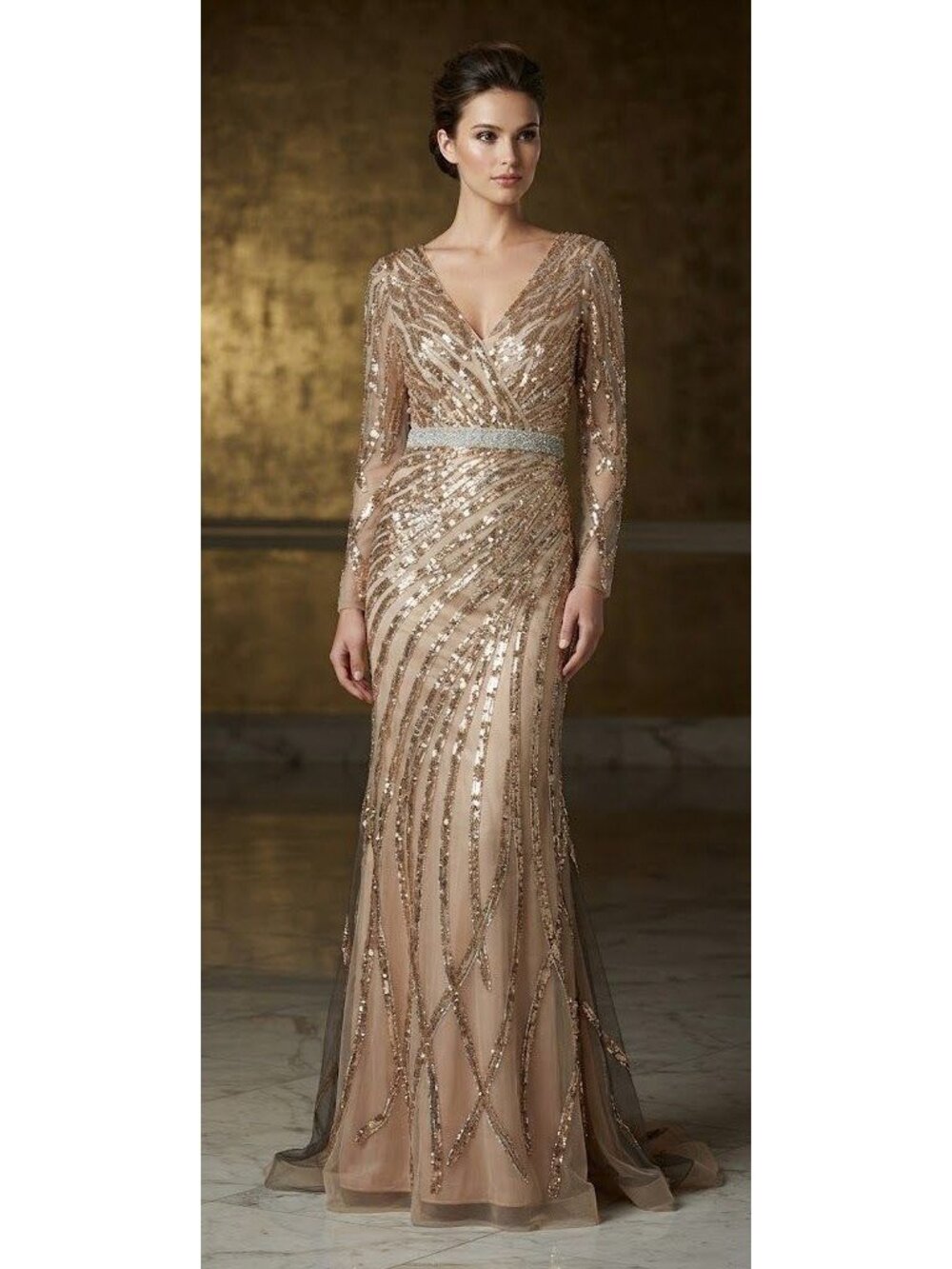 NWT Mac Duggal Sz 4 Gold Wedding Guest Gown Long Sleeve V-Neck Formal Dress 5438